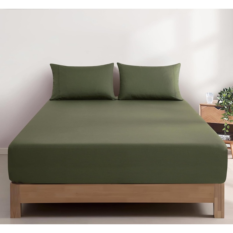 100% Vintage Washed Cotton Fitted Sheet Combo Set  100% Natural Cotton, Ultra Soft & Breathable  Includes Fitted Sheet & Pillowcases  Machine Washable (Khaki Green, King)