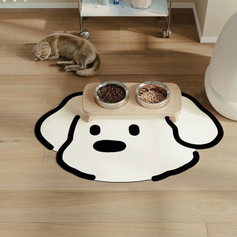 2 Pcs Style 1 White And Black Puppy pattern Cartoon Pet Feeding Mat for Cats & Dogs – Absorbent Diatom Mud Splash-Proof Mat, Easy to Clean