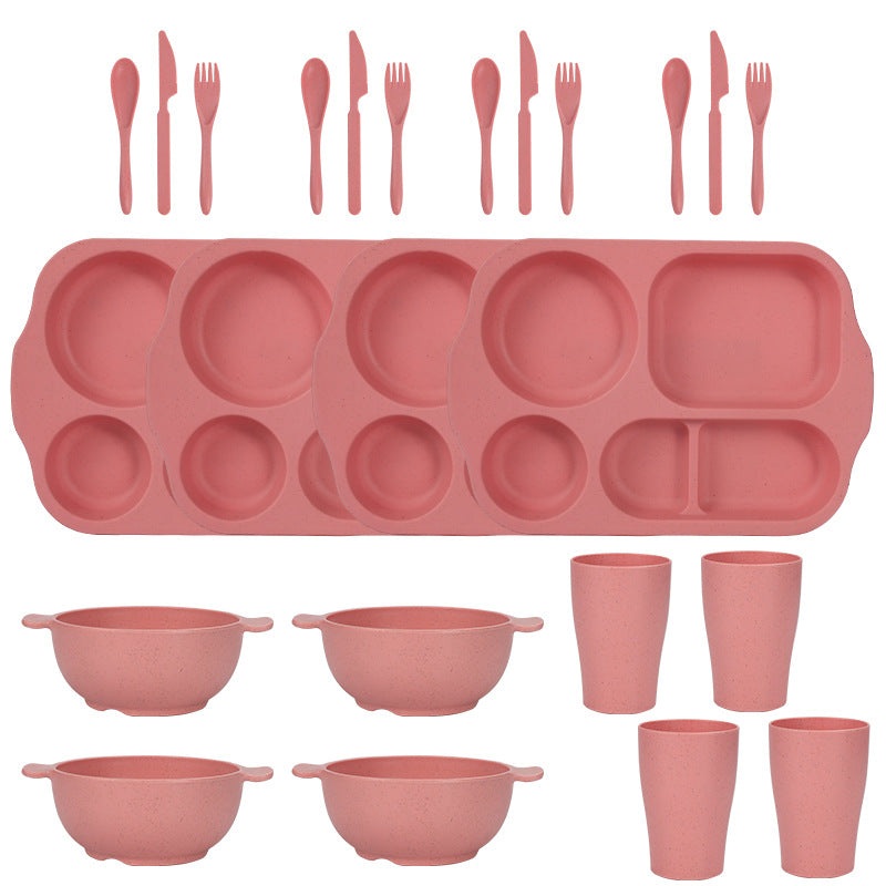 Pink Durable Eco-Friendly Wheat Straw Dinnerware Set – 24 Pieces with Plates, Bowls, Cups & Cutlery