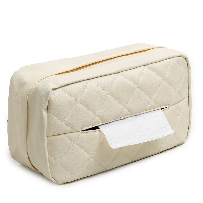 White Universal Leather Car Tissue Box Holder – Visor, Armrest & Seat Back Mount