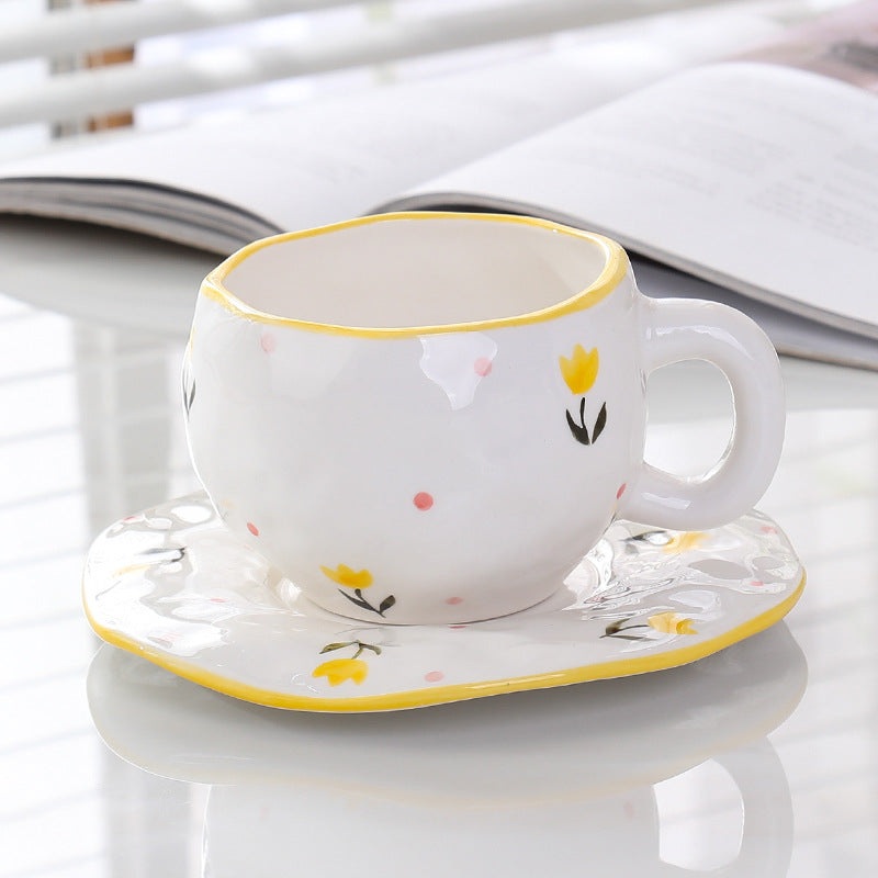 Hand-Painted Ceramic Coffee Cup and Saucer Set – Vintage Afternoon Tea(Small yellow flowers)