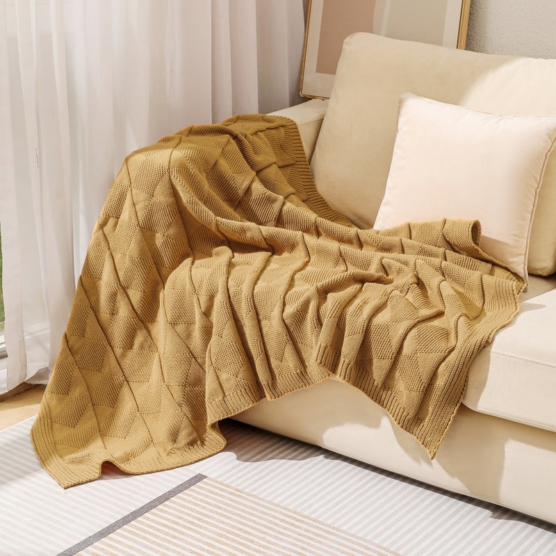 Khaki Cozy Lightweight Acrylic Knit Throw Blanket – Diamond Waffle Texture for Sofa, Bed & Travel