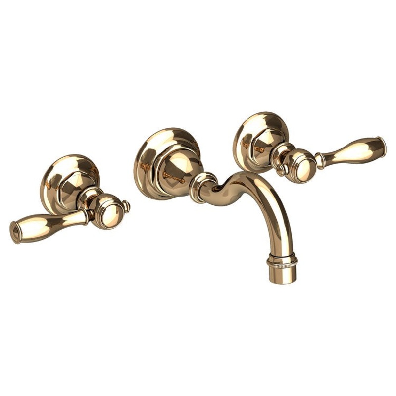 Lavatory Faucet Victoria Wall Mount 8 Inch Spread 2 Lever ADA Watersense French Gold PVD 1.2 Gallons Per Minute Brass Less Drain Spout Reach 7-5/7 Inch
