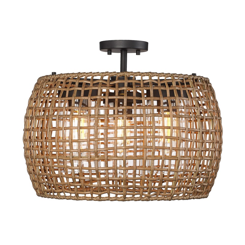 Piper 3 Light Semi-Flush – Outdoor in Natural Black with Maple All-Weather Wicker Shade
