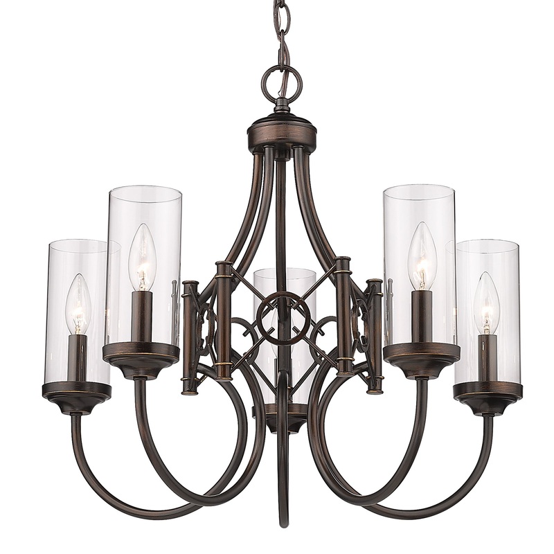 Quincy 5 Light Chandelier in Cordoban Bronze with Clear Glass Shades