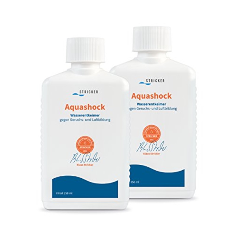Strickerchemie AQ-AQS2 Aquashock con chiarificatore lavorato a maglia per letti ad acqua, trattamento dell’acqua sterilizzante su sollevamento, 250ml, confezione da 2