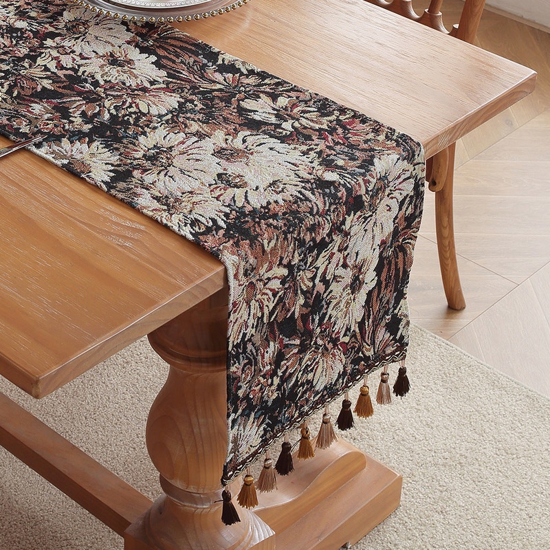Camellia American Retro Jacquard Embroidered Table Runner – Light Luxury Table Mat 30cm x 180cm with Tassels