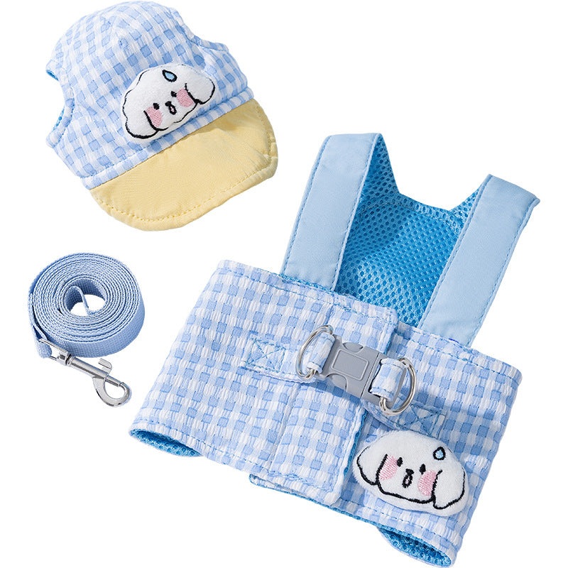 M Blue Pet Sun Hat with Adjustable Strap + Leash & Harness 3-Piece Set – Breathable Summer Cap for Dogs & Cats with Ear Holes