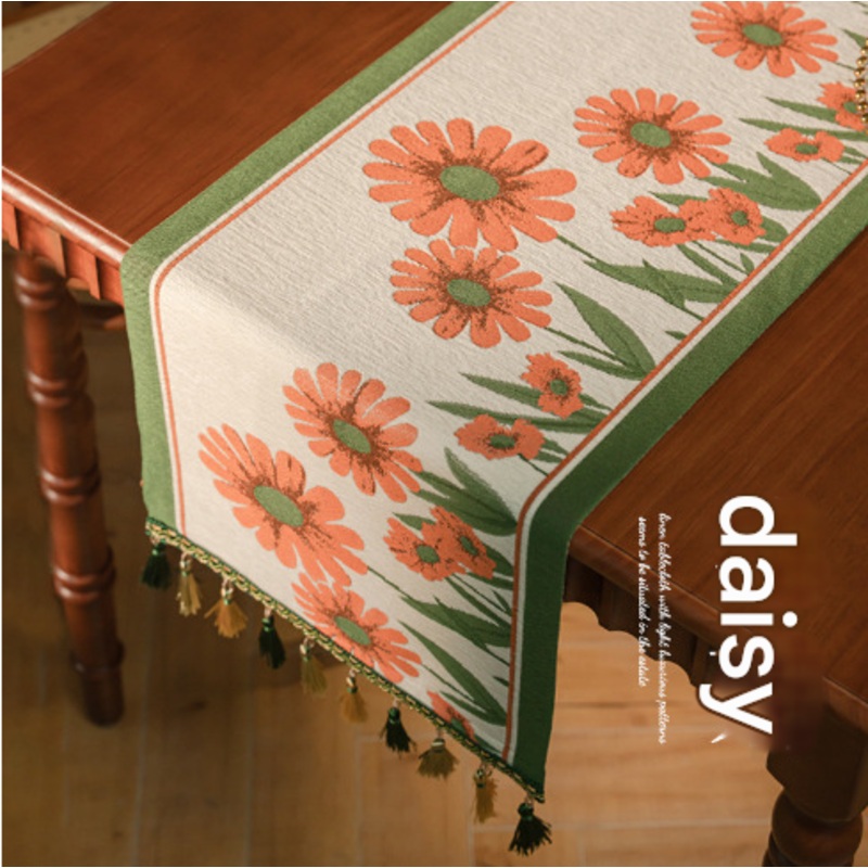 Daisy American Retro Jacquard Embroidered Table Runner – Light Luxury Table Mat 30cm x 180cm with Tassels