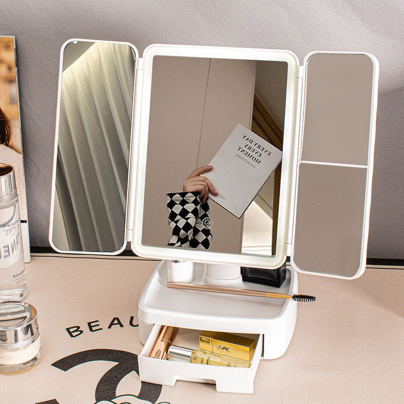 Elegant Tri-Fold Shell LED Vanity Mirror – Smart Makeup Gift with Storage & Illumination