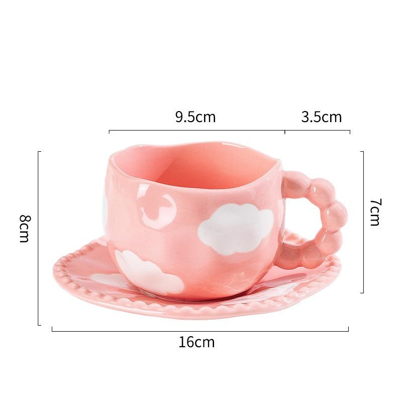 Hand-Painted Ceramic Coffee Mug and Saucer Set – Whimsical Afternoon Tea Cup with Spoon(White cloud-pink)