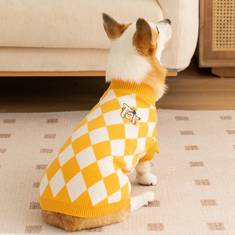 Classic Argyle Dog Sweater – Yellow & White Knit for Corgis & Medium Breeds (Size : S)