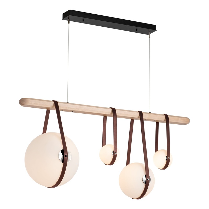 Derby Linear 4-Light LED Pendant Black Polished Nickel with British Brown Leather Maple Wood