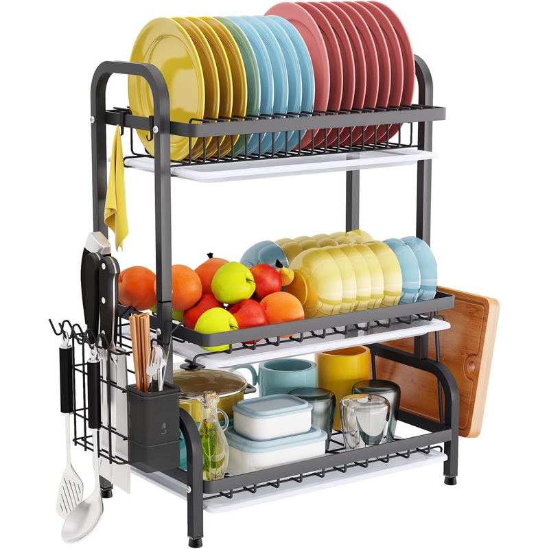 Dish Drying Rack 3 Tier Large Capacity Kitchen Storage with Utensil and Cutting Board Holder
