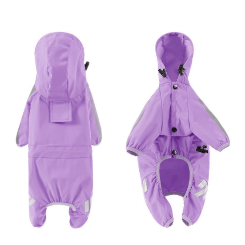 L Purple And Gray Trim Waterproof Four-Legged Dog Raincoat with Leash Hole for Small Breeds