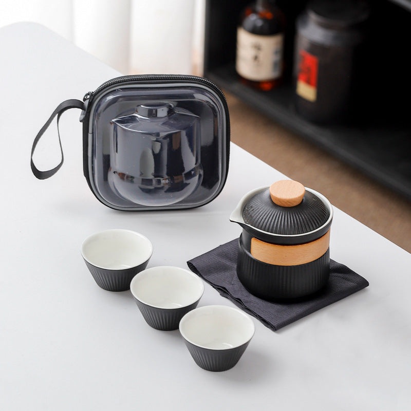 Portable Ceramic Travel Tea Set – One Pot Three Cups with Carrying Case, Elegant Frosted Finish(black)