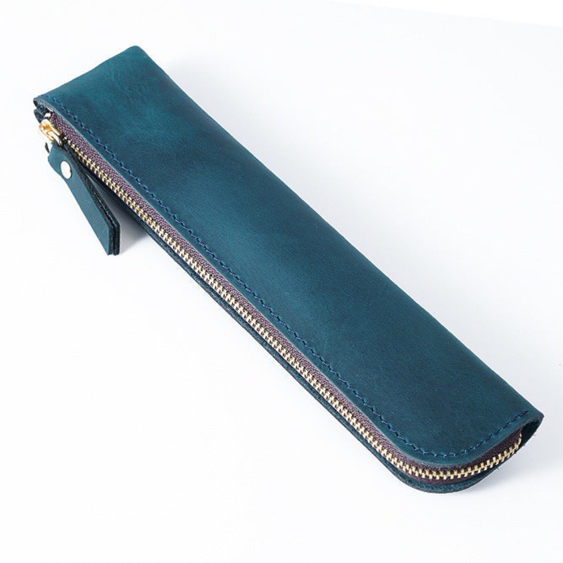 Blue Vintage Crazy Horse Leather Zippered Pen Case – Retro Pencil Pouch & Small Accessories Bag