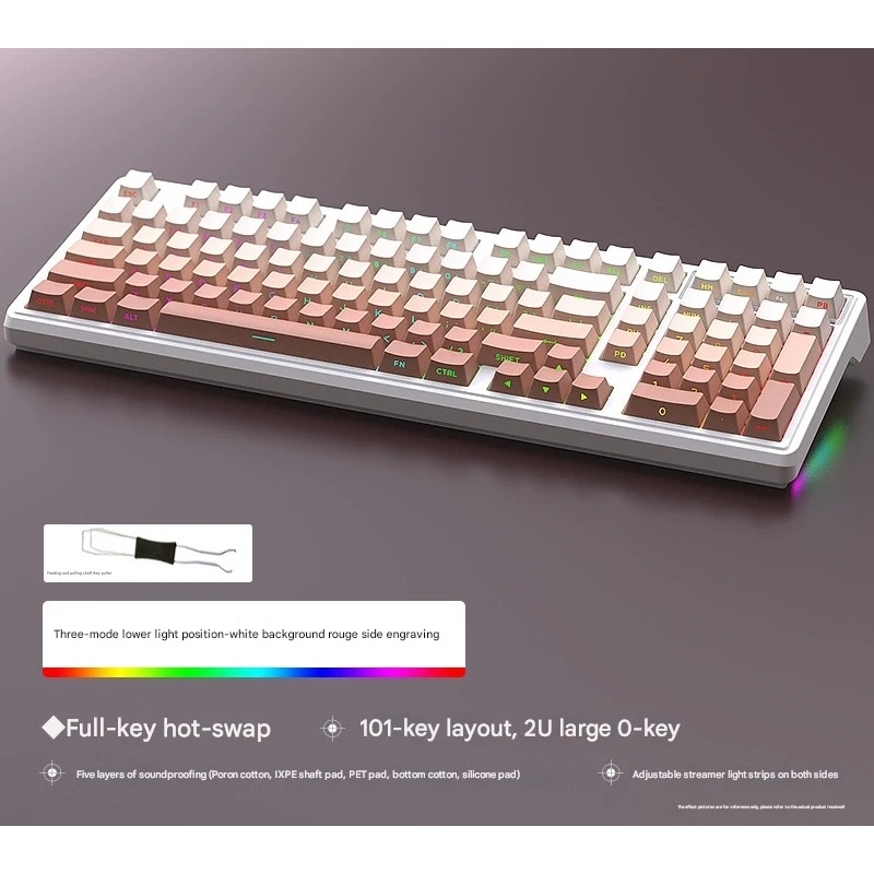 Tri-Mode RGB Mechanical Gaming Keyboard – 102-Key, Hot-Swappable, 4000mAh Battery, 5-Layer Sound Dampening(Rouge on white)