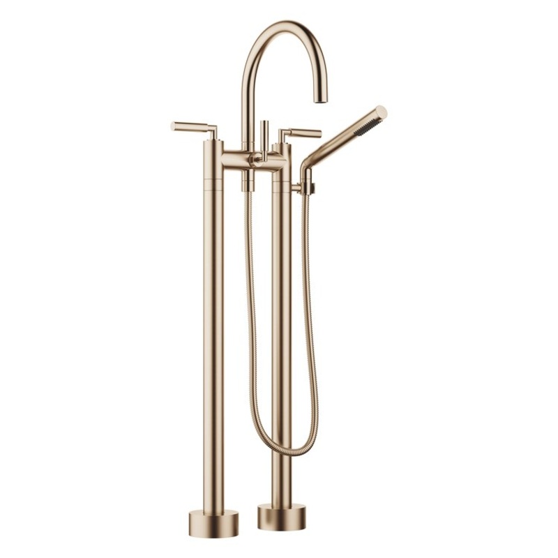 Tub Filler TARA Freestanding Mixer with Handshower 5-7/8 Inch Spread 3 Lever ADA Brushed Champagne
