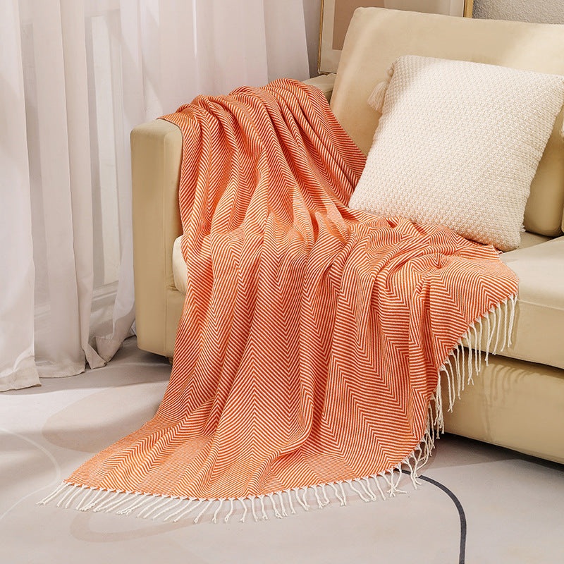 Orange Elegant Herringbone Tassel Throw Blanket – Large Acrylic Faux Cashmere Soft Cozy Blanket for Sofa, Bed & Decor (130x240cm)