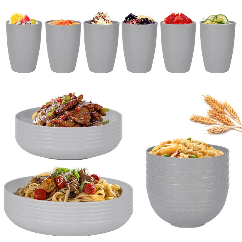 Stylish Light Grey Wheat Straw Dinnerware Set – 24 Pieces Including Plates, Bowls & Cups