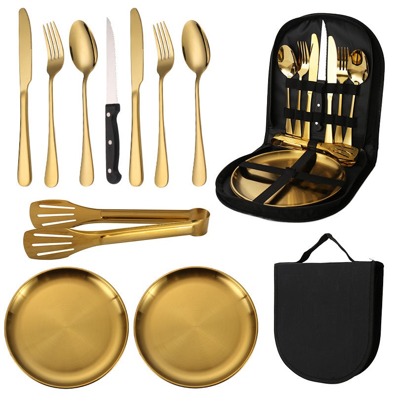 6-Piece Portable Stainless Steel Cutlery Set with Plate and Bag – Gold, Great for Camping and Travel (Steak Knife)