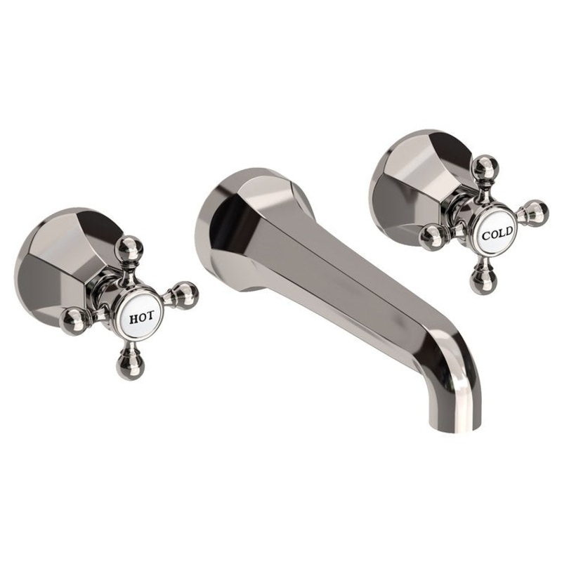 Lavatory Faucet Metropole Wall Mount 8 Inch Spread 2 Cross ADA WaterSense Polished Nickel 1.2 Gallons Per Minute Brass Less Drain Spout Reach 7-1/2 Inch