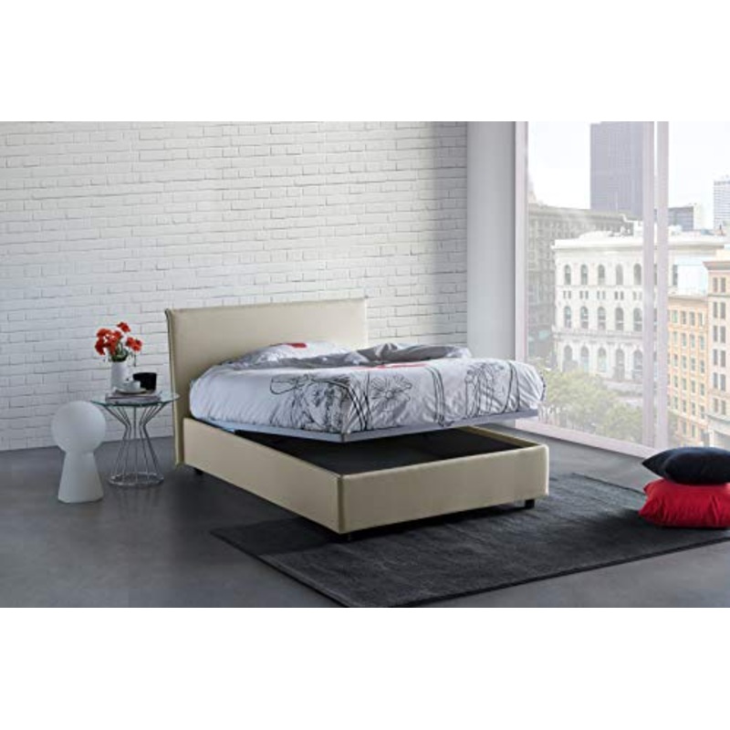 Talamo Italia Letto contenitore Una piazza e mezza Anna, Made in Italy, Letto con rivestimento in tessuto, Apertura frontale, con materasso cm 120×190 incluso, Panna