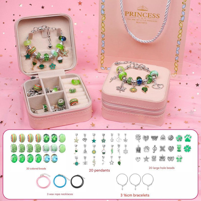 Green Kids DIY Beaded Bracelet Set – Creative Jewelry Making Kit with Princess Gift Box and Display Stand