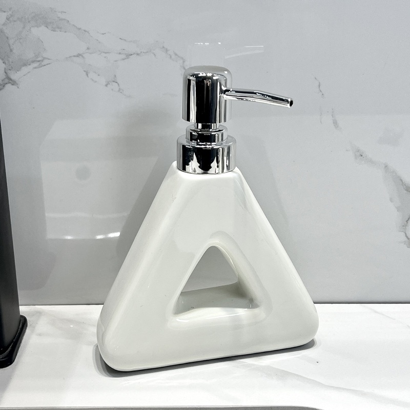 Modern Ceramic Soap & Lotion Dispenser – Unique Geometric Designs, 300ml Capacity(Triangular lotion bottle, milky white)