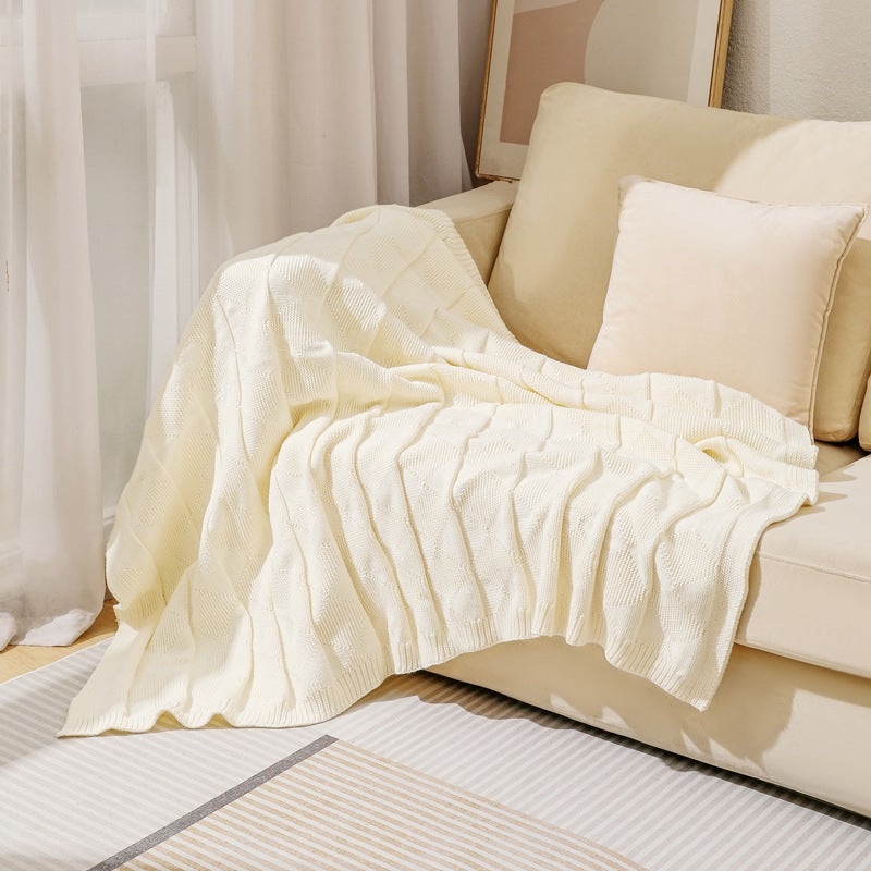 Beige Cozy Lightweight Acrylic Knit Throw Blanket – Diamond Waffle Texture for Sofa, Bed & Travel