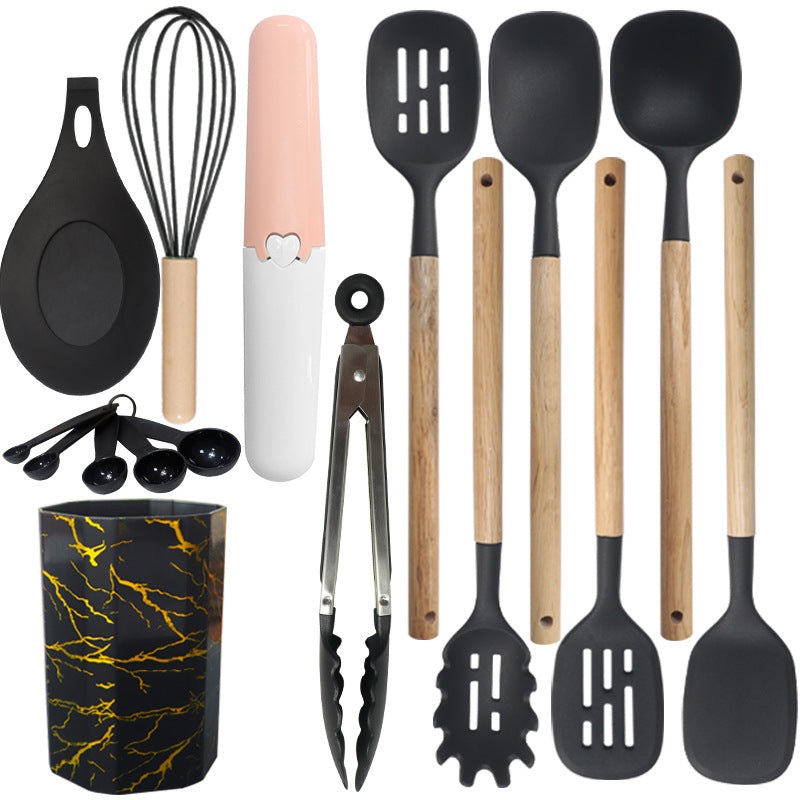 Black 12-Piece Silicone Cooking Utensil Set – Non-Stick Food-Grade Kitchen Tools with Holder