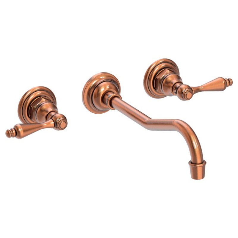 Lavatory Faucet Chesterfield Wall Mount 8 Inch Spread 2 Lever ADA WaterSense Antique Copper 1.2 Gallons Per Minute Brass Less Drain Spout Reach 9-3/4 Inch