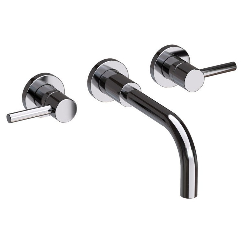 Lavatory Faucet East Linear Wall Mount 8 Inch Spread 2 Lever ADA Watersense Midnight Chrome 1.2 Gallons Per Minute Brass Less Drain Spout Reach 9-1/2 Inch