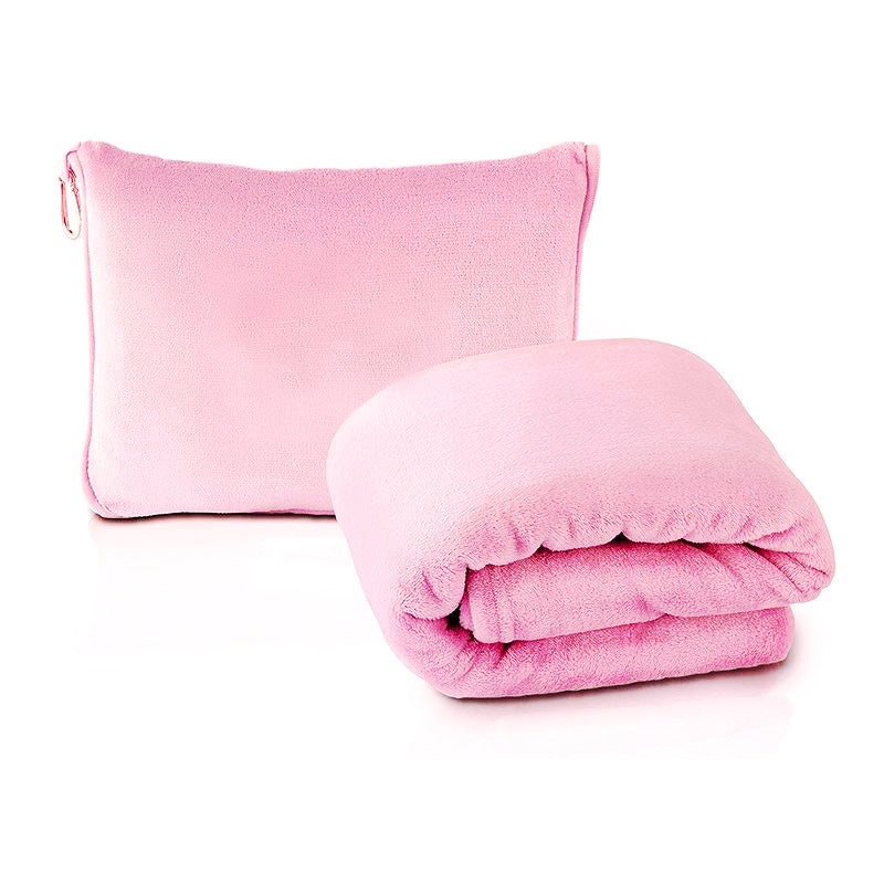 Pink 2-in-1 Plush Travel Blanket & Pillow Set – Soft Flannel with Luggage Strap & Carabiner (50x60in)