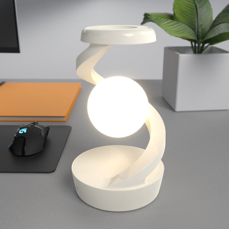 White Modern Levitating LED Desk Lamp with Wireless Phone Charger – Spiral Design Atmosphere Light