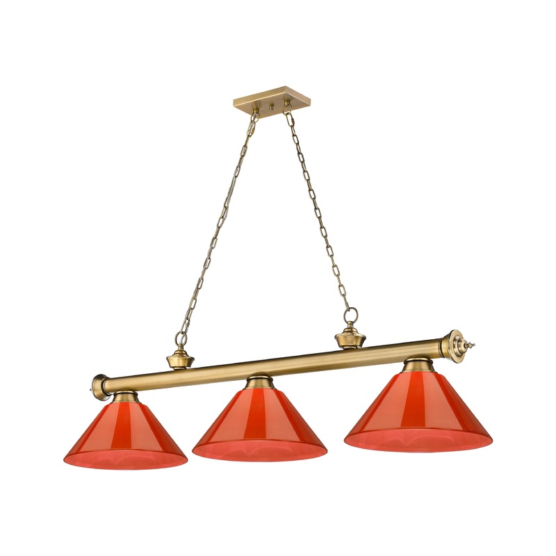 Cordon 3-Light Billiard Rubbed Brass Cone Red Plastic