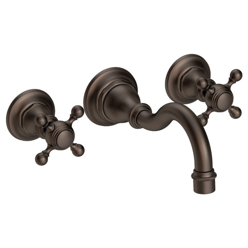 Lavatory Faucet Victoria Wall Mount 8 Inch Spread 2 Cross ADA Watersense English Bronze 1.2 Gallons Per Minute Brass Less Drain Spout Reach 8-1/6 Inch