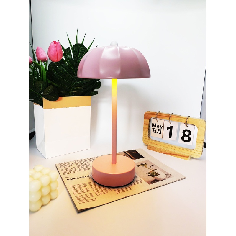 Pink Chic Mushroom LED Table Lamp – Rechargeable Cordless Touch Control 3-Color Adjustable Light for Bedroom Living Room Decor
