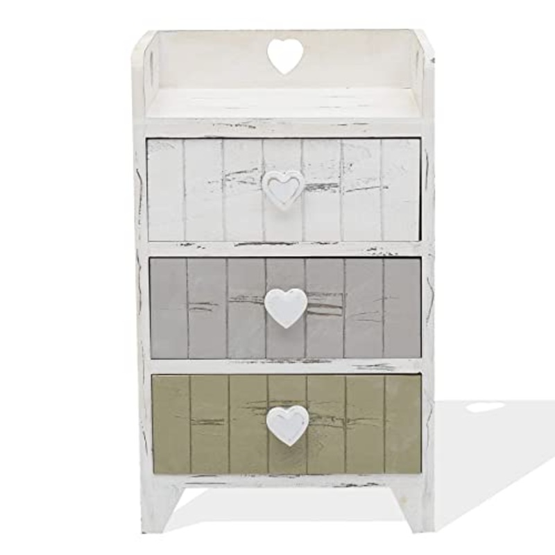 Rebecca Mobili Comodino 3 cassetti, cassettiera Bianca Grigio Beige, Legno paulonia, Shabby, Camera Bagno – Misure: 58 x 35 x 27 cm (HxLxP) – Art. RE4378