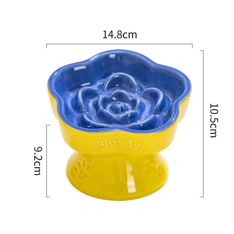 Yellow and Blue Ceramic Slow Feeder Pet Bowl for Cats and Small Dogs – Anti-Choke Elevated Design with 15-Degree Tilted Rim