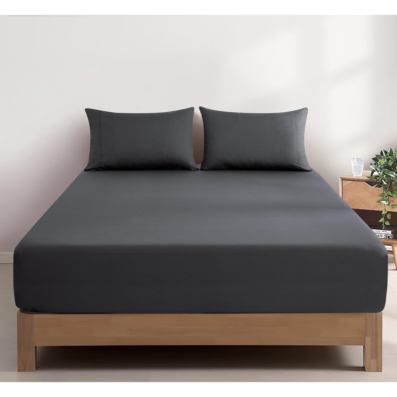 100% Vintage Washed Cotton Fitted Sheet Combo Set  100% Natural Cotton, Ultra Soft & Breathable  Includes Fitted Sheet & Pillowcases  Machine Washable (Charcoal, Double)