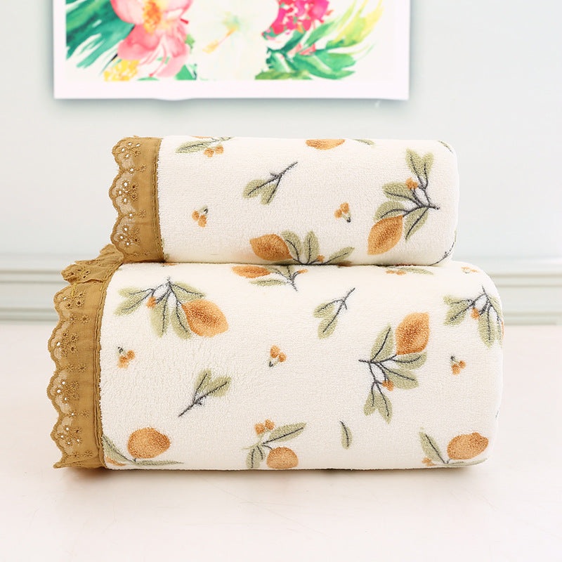 Beige Vintage Floral Lace Trim Towel Set – Ultra Soft Absorbent Coral Fleece Bath & Face Towel