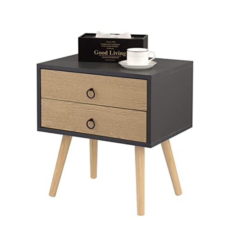 EUGAD Comodino da Letto con Due Cassetti Tavolino Grigio Moderno Comodino Piccolo da Camera Gambe in Legno Massello 0062ZZ
