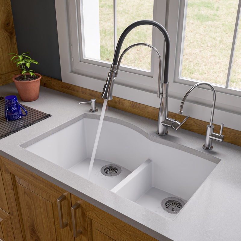 ALFI brand AB3320UM-W White 33″ Double Bowl Undermount Granite Composite Kitchen Sink