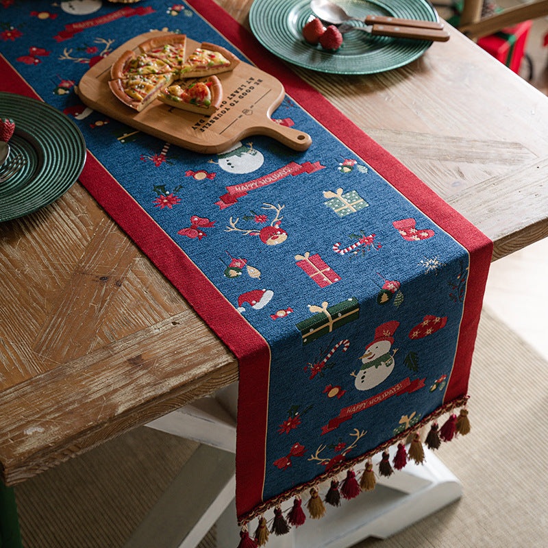 Blue Christmas Festive Table Runner – Blue with Snowman, Reindeer and Happy Holidays (35*220cm)
