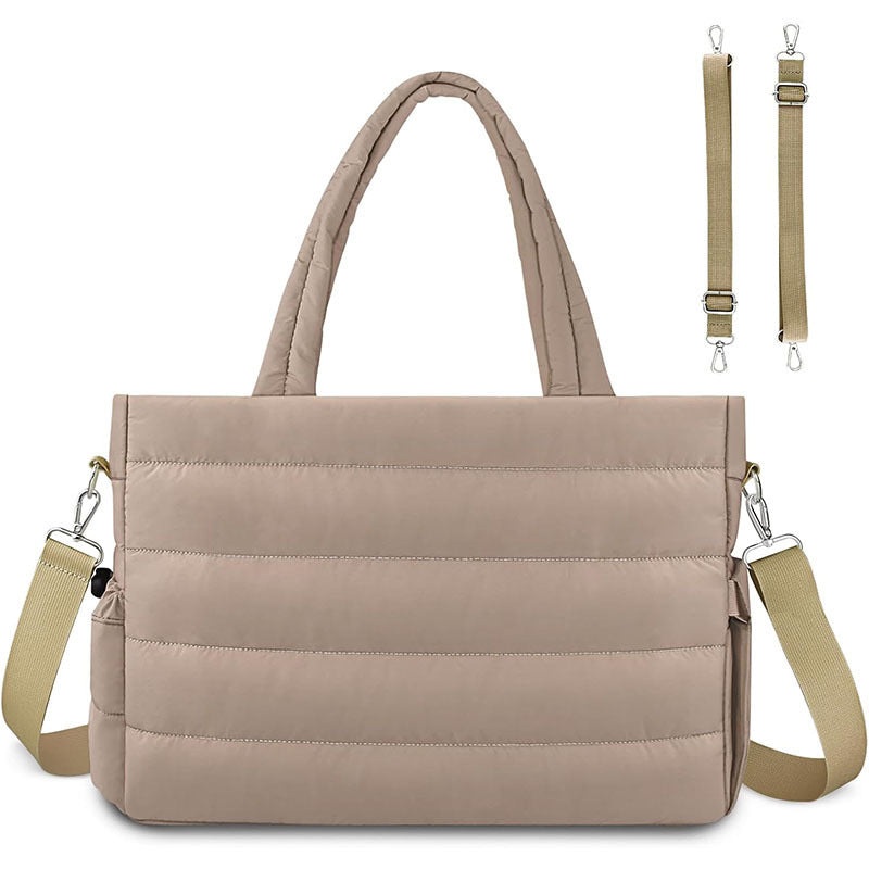 Khaki Stylish Quilted Nylon Tote Bag – Large Capacity Diaper Nappy Bag for Travel & Stroller with Adjustable Straps