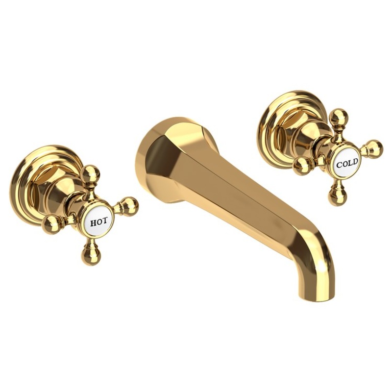 Lavatory Faucet Astor Wall Mount 8 Inch Spread 2 Cross ADA Watersense Polished Brass Uncoated Living 1.2 Gallons Per Minute Brass Less Drain Spout Reach 7-1/2 Inch