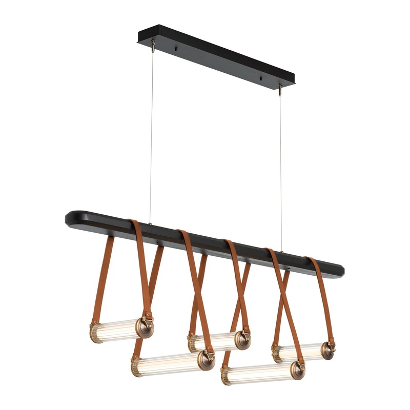York Linear 5-Light LED Pendant Black Antique Brass with Chestnut Leather Black Wood