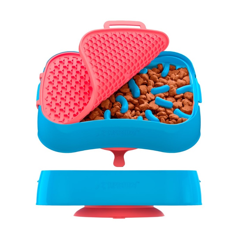 4-in-1 Slow Feeder Dog Bowl – Blue Bowl and Warm Ocean Red Lickmat